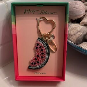 Betsey Johnson Pink & Black Watermelon Slice Keychain with Gold Hardware